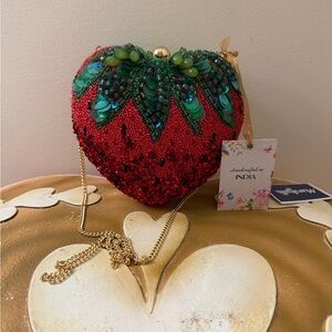 Handcrafted in India Beaded Strawberry Clasped Purse with  Chain Crossbody Strap